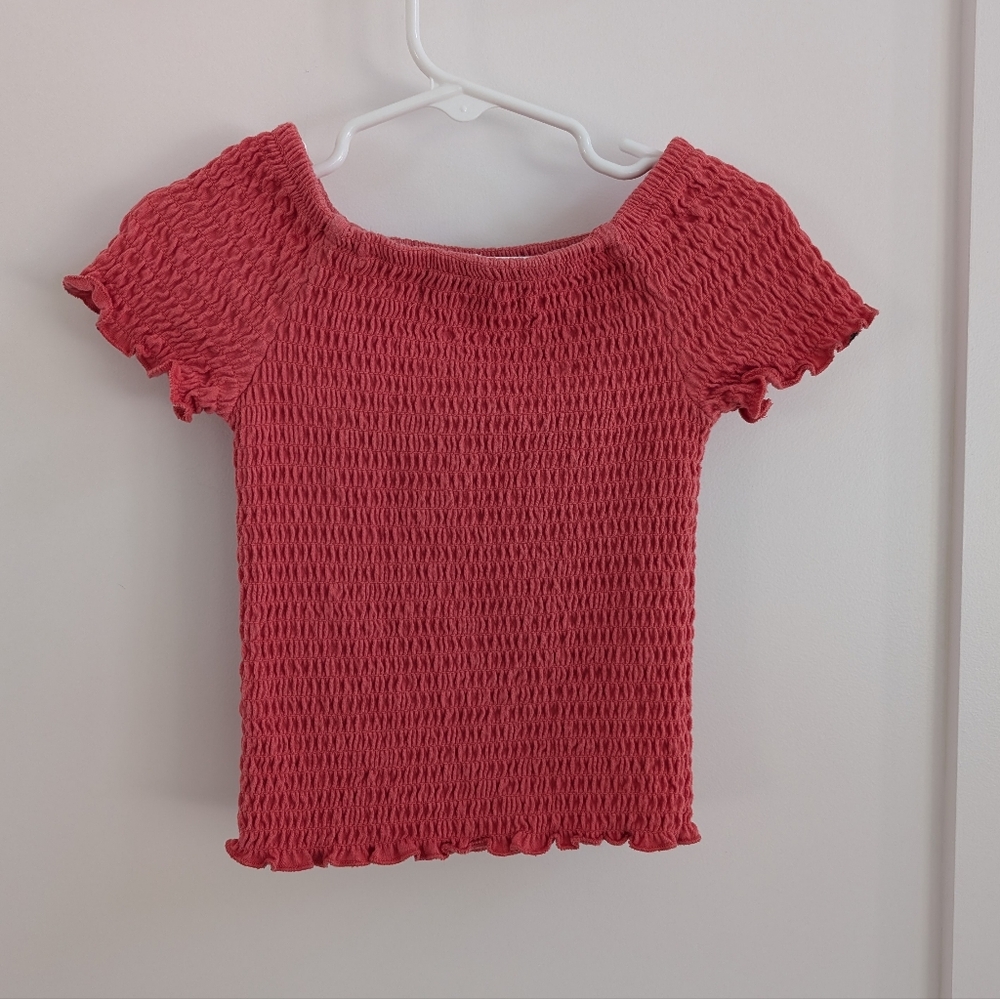 ✨4 for 12 btween Girls Coral Smocked Top Size 8 Short Sleeve Stretchy
